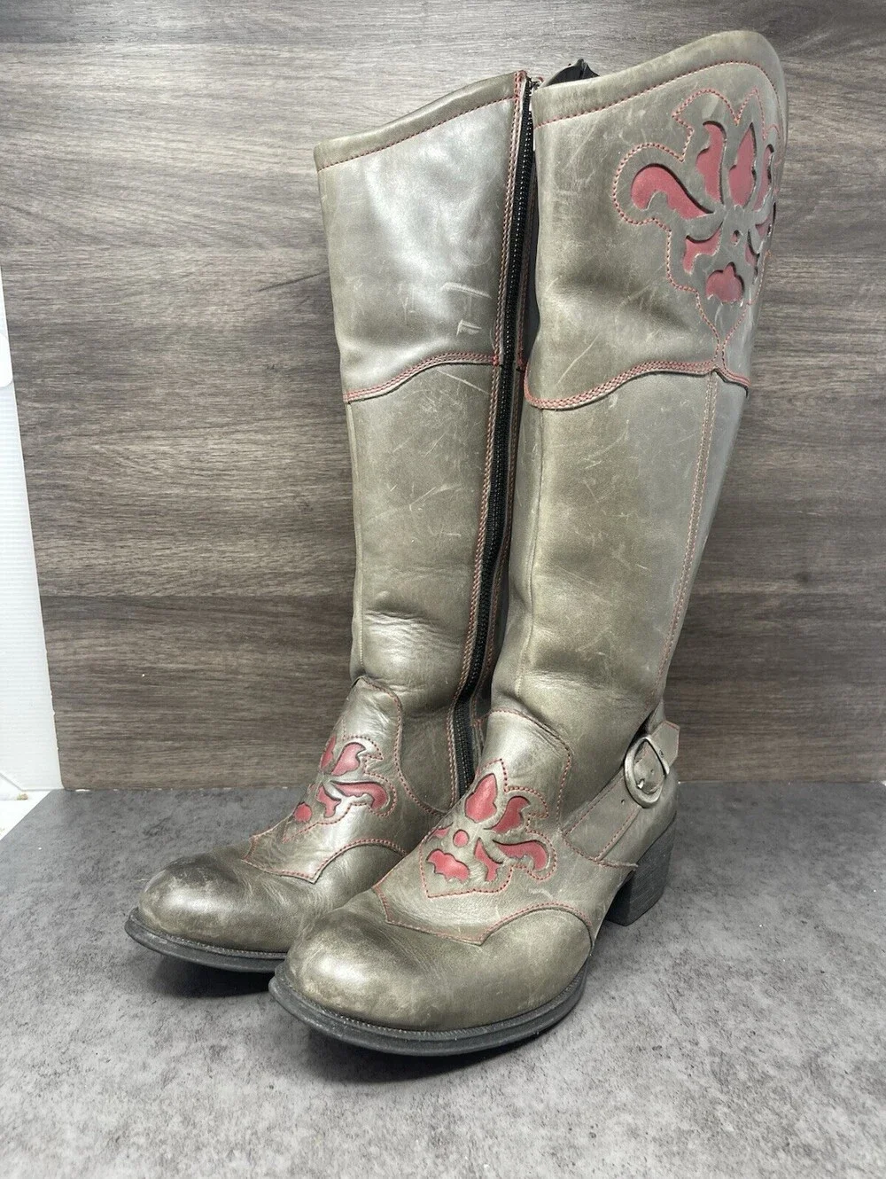 BORN Moe Distressed Leather Wide Calf Boots Womens Size 6 Grey Red High Tall